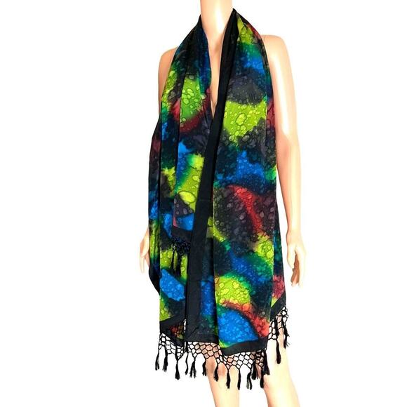 Large scarf satin colorful tasseled edges swim coverup summer lightweight - Picture 2 of 6